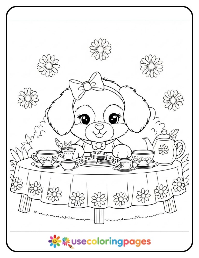 Girl Puppy At Tea Party Coloring Page