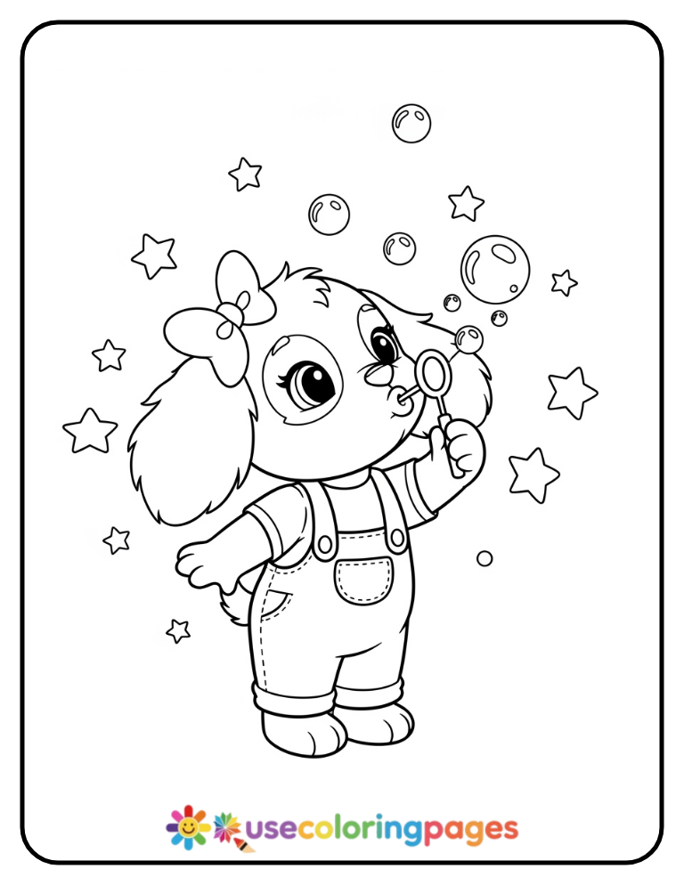 Girl Puppy Blowing Bubbles Coloring Page