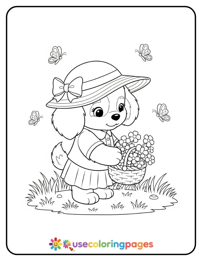 Girl Puppy Picking Flowers Coloring Page