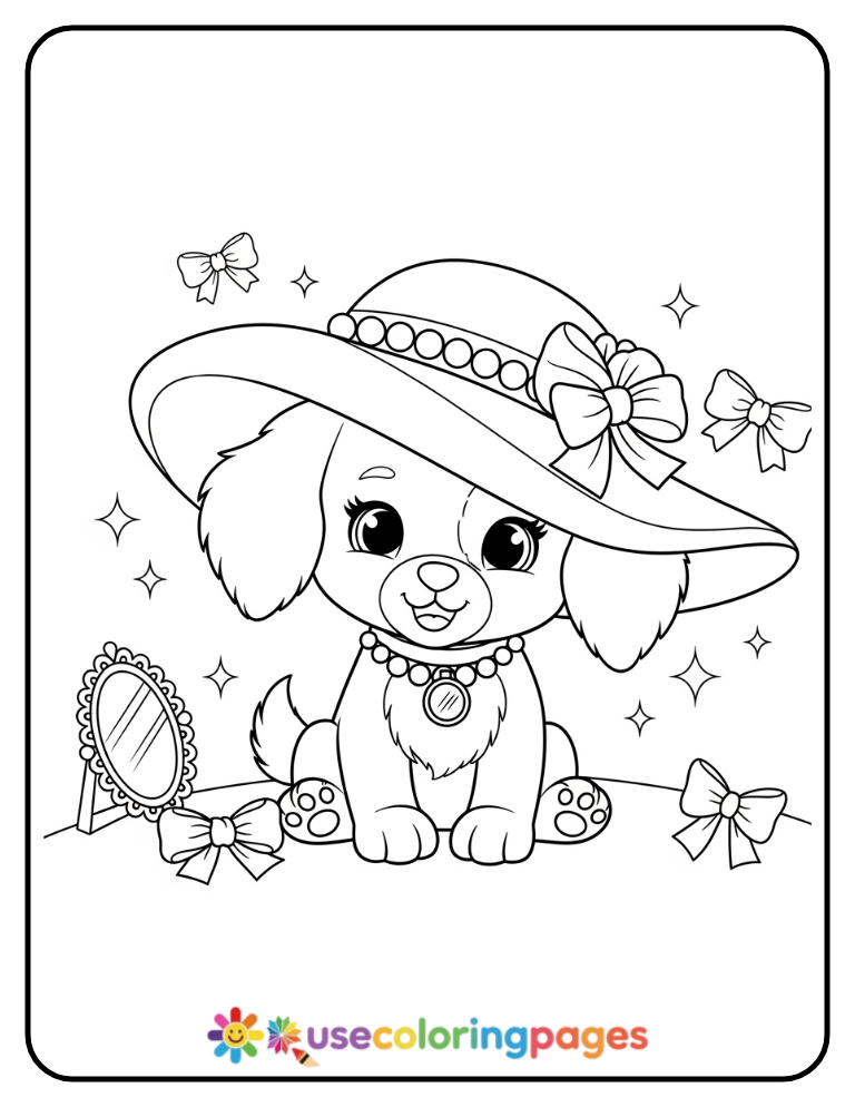 Girl Puppy Playing Dress Up Coloring Page