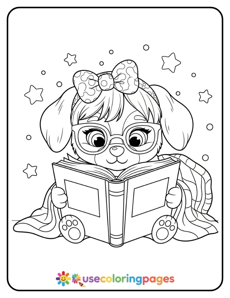 Girl Puppy Reading a Book Coloring Page