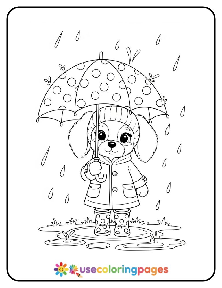 Girl Puppy Under Umbrella Coloring Page