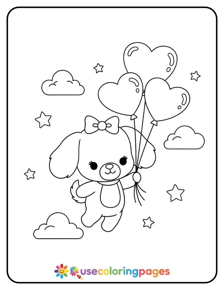 Girl Puppy With Balloons Coloring Page