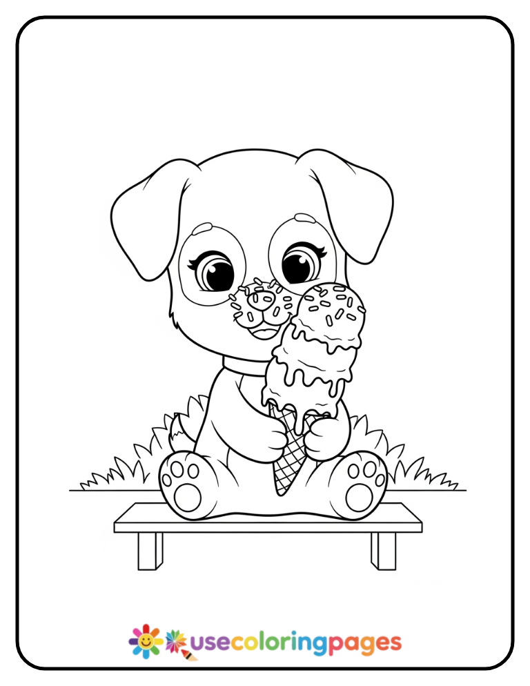 Girl Puppy With Ice Cream Cone Coloring Page