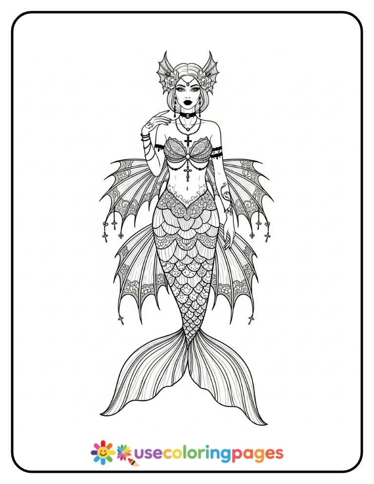 Gothic Mermaid with Lace Fins Coloring Page