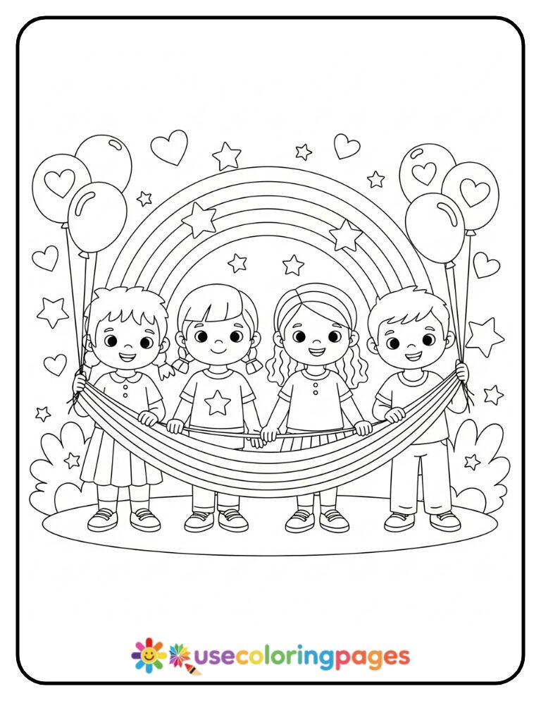 Group of Kids Holding Rainbow Banner Coloring Page