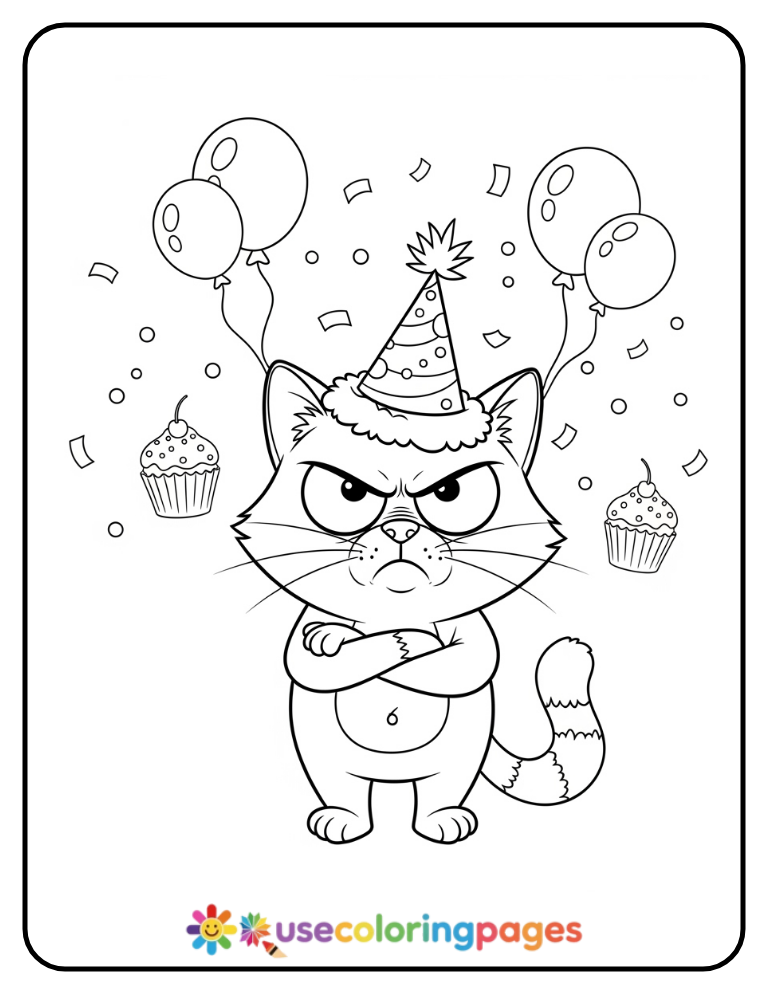Grumpy Cat Wearing Birthday Hat Coloring Page