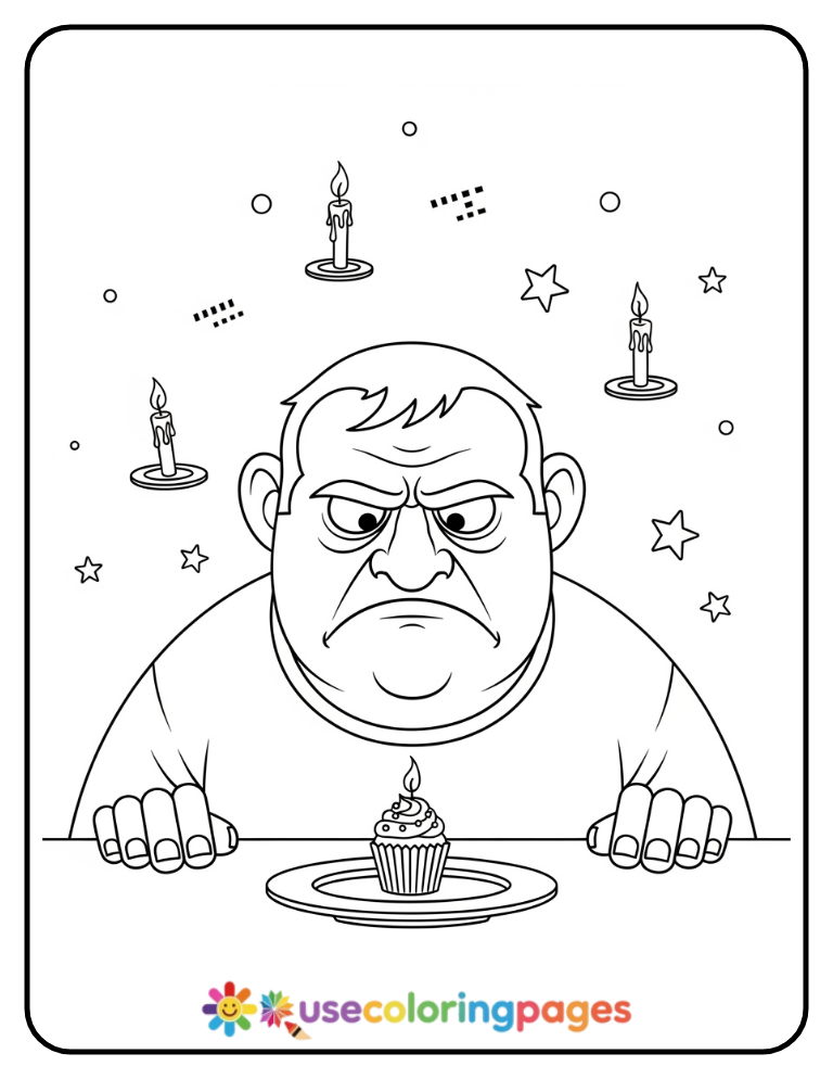Grumpy Man With Tiny Cupcake Coloring Page