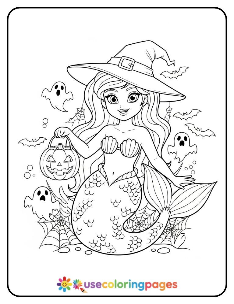 Halloween Mermaid with Pumpkin Lantern Coloring Page