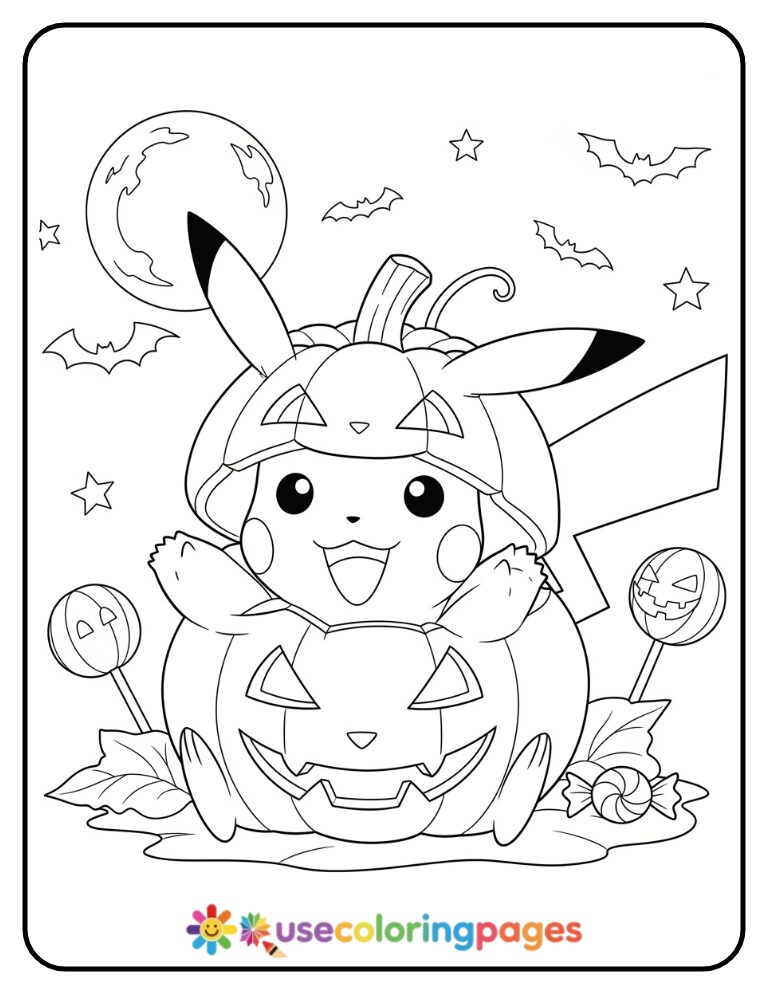 Halloween Pikachu in Pumpkin Costume Coloring Page