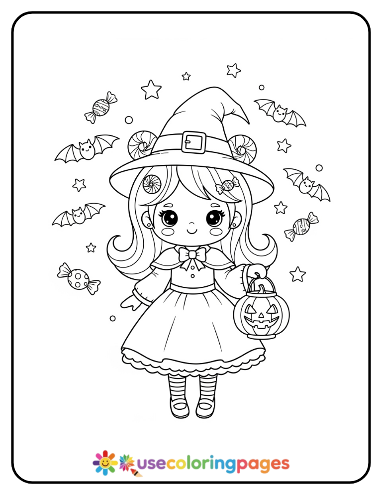Halloween Princess with Pumpkin Lantern Coloring Page