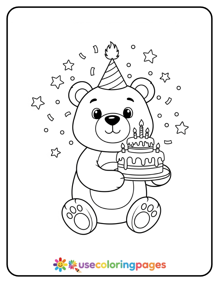 Happy Bear With Birthday Cake Coloring Page