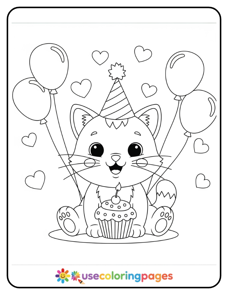 Happy Birthday Cat With Party Hat Coloring Page