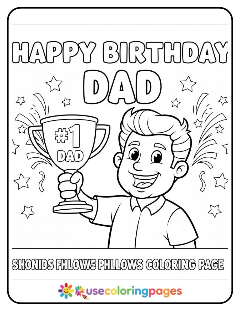Happy Birthday Dad With Trophy Coloring Page