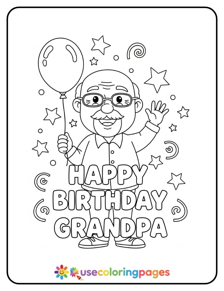 Happy Birthday Grandpa With Balloon Coloring Page