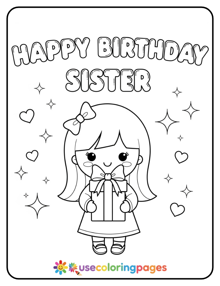 Happy Birthday Sister With Gift Box Coloring Page