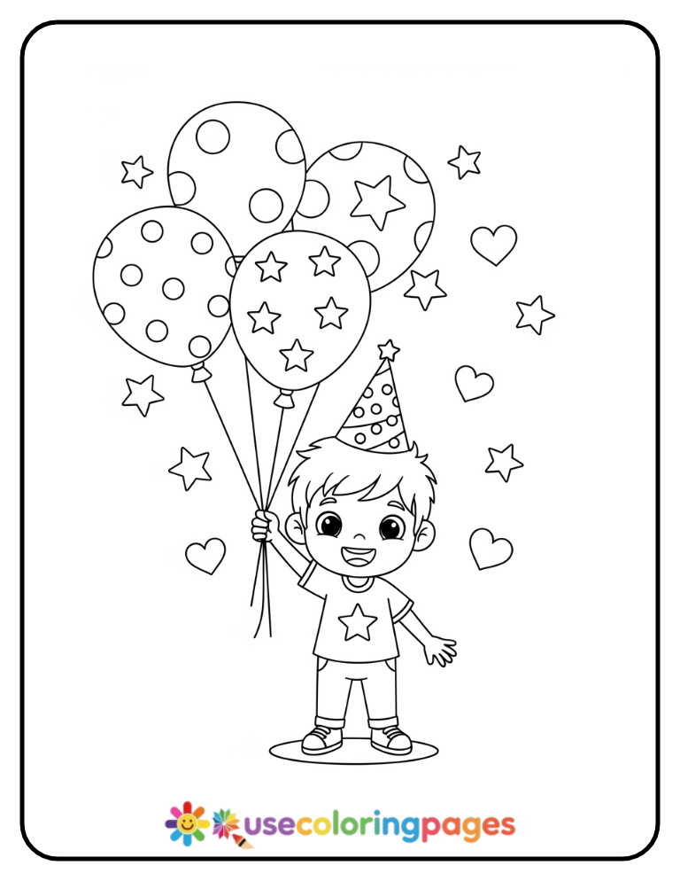Happy Boy With Balloons Coloring Page Printable