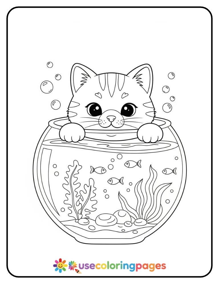 Happy Cat with Fish Bowl Coloring Page Printable