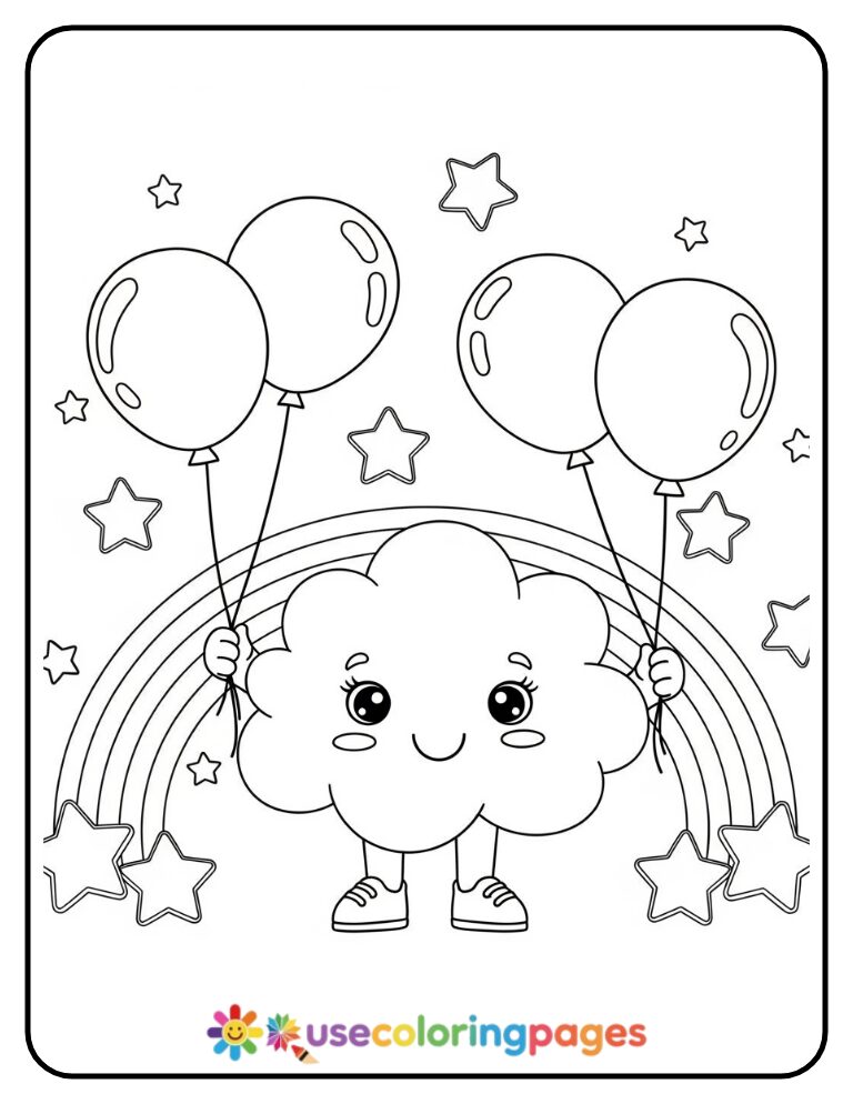 Happy Cloud Holding Balloons Coloring Page