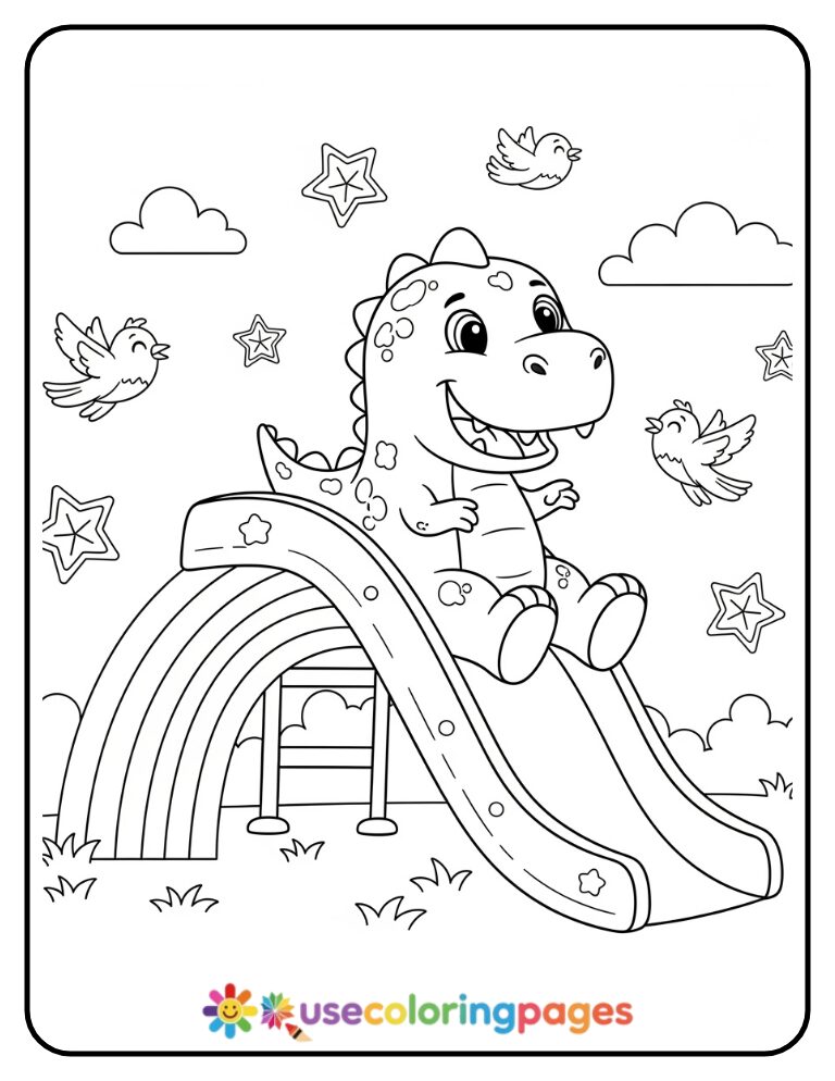 Happy Dinosaur Sliding On Rainbow Slide Coloring Page For Kids