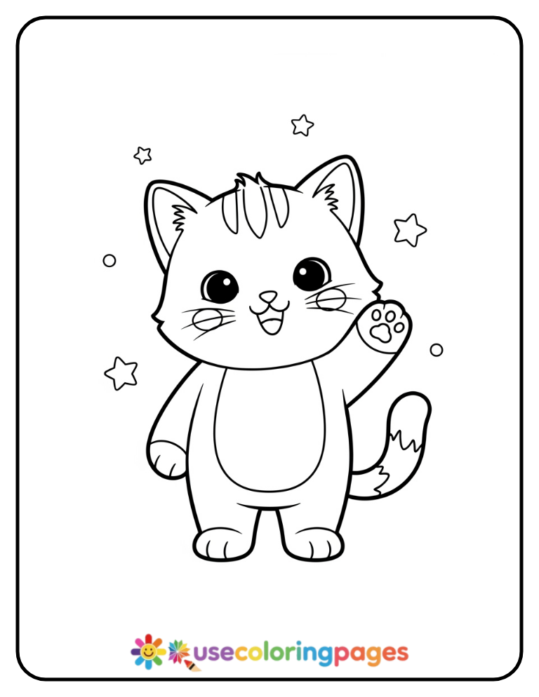 Happy Kitten Waving Hello Coloring Page