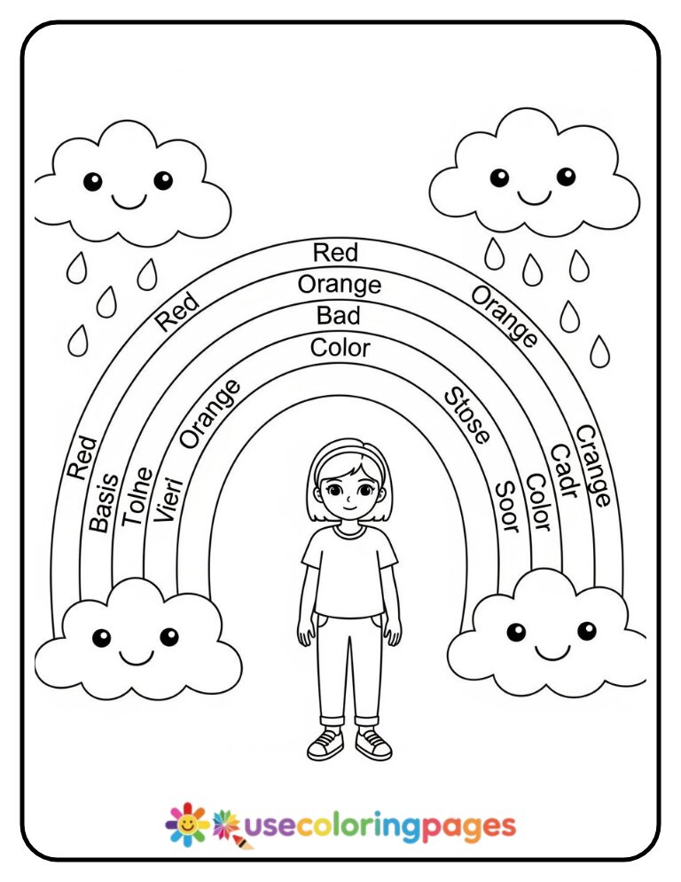 Happy Rainbow With Simple Color Words Coloring Page