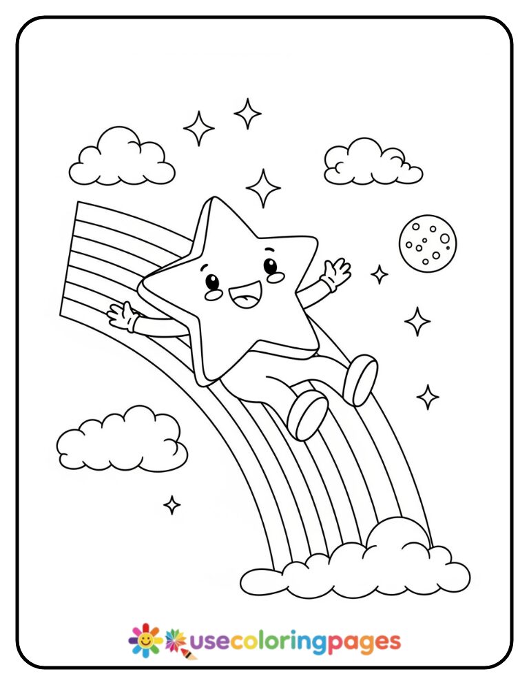 Happy Star Sliding Down Rainbow Coloring Page