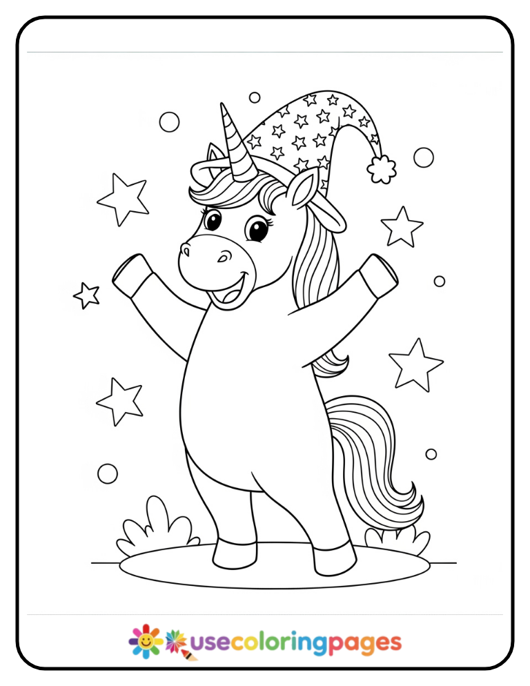 Happy Unicorn with a Star Hat Coloring Page Easy