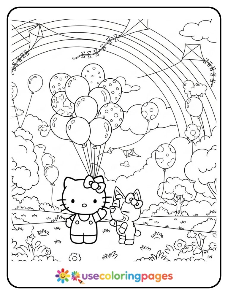 Hello Kitty And Bluey Flying Balloons Coloring Page