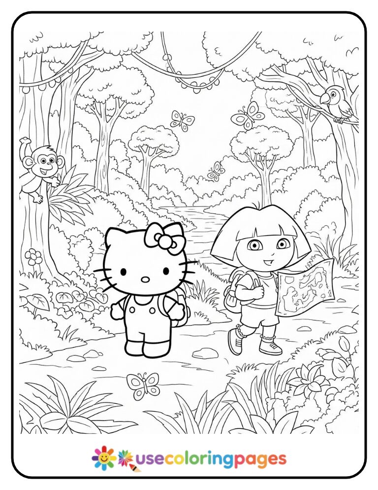 Hello Kitty And Dora Exploring Jungle Trail Coloring Page