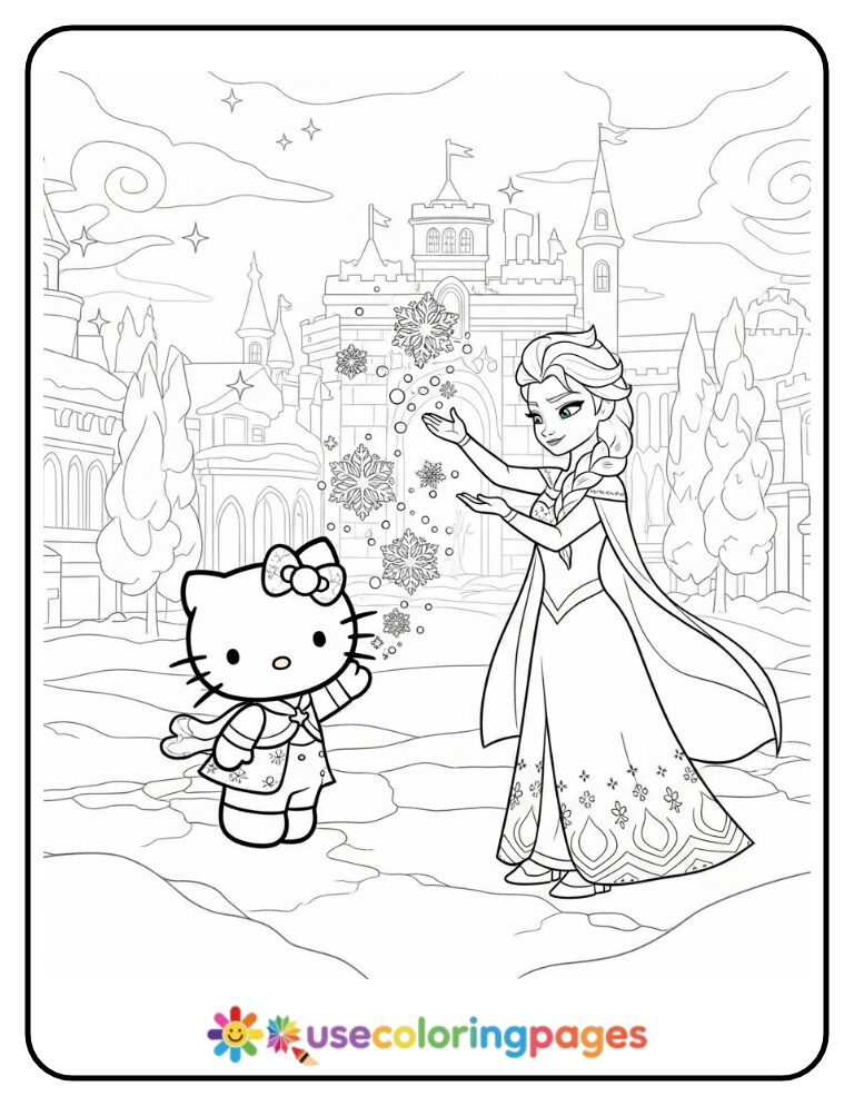 Hello Kitty And Elsa Making Snowflakes Coloring Page