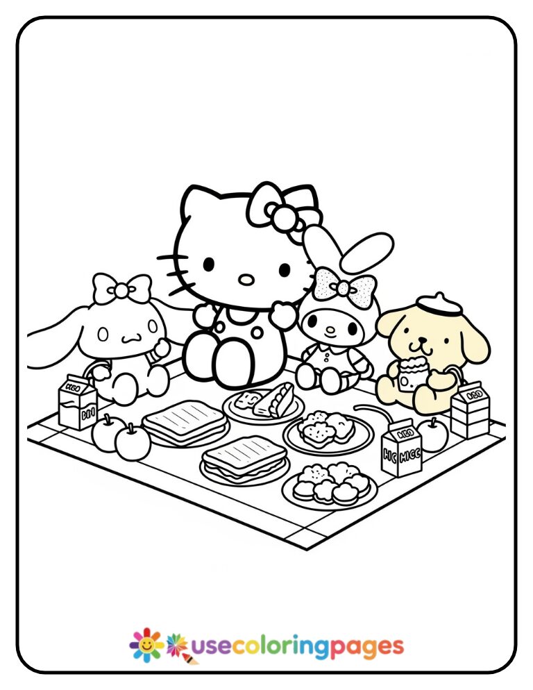 Hello Kitty And Friends Having A Picnic Coloring Page