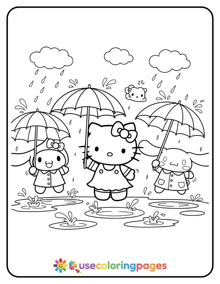 Hello Kitty And Friends Jumping In Puddles Coloring Page