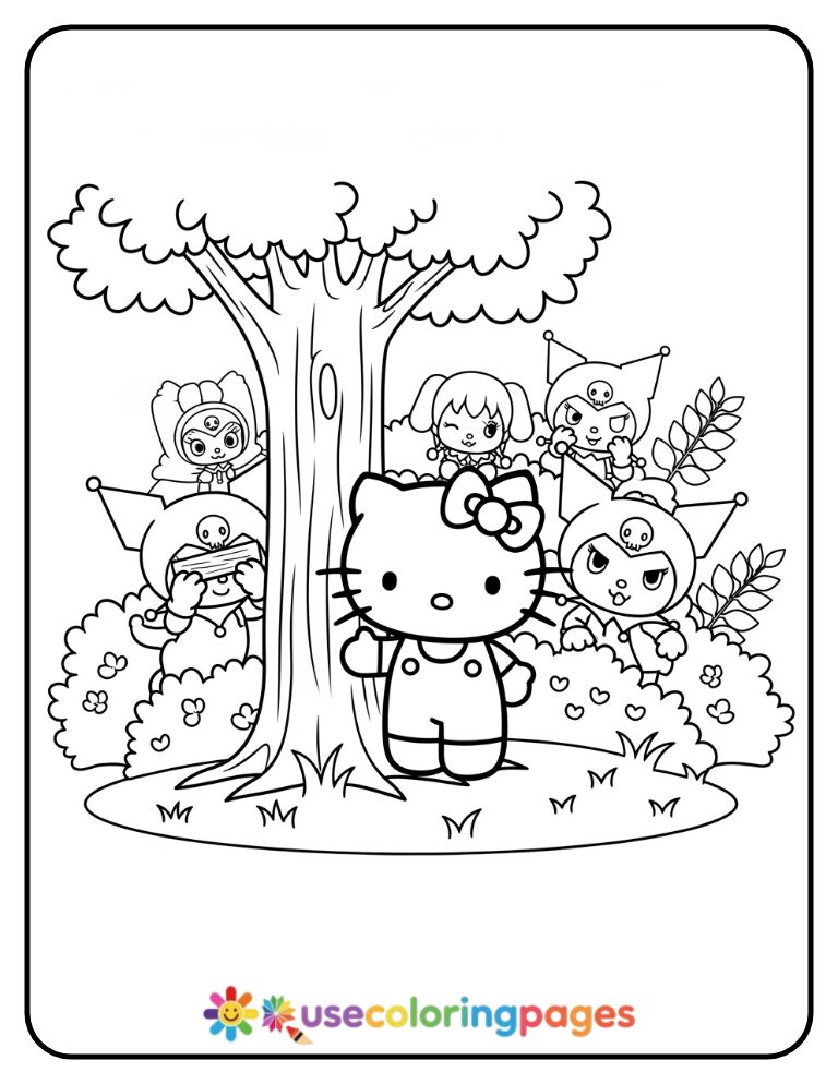 Hello Kitty And Friends Playing Hide And Seek Coloring Page