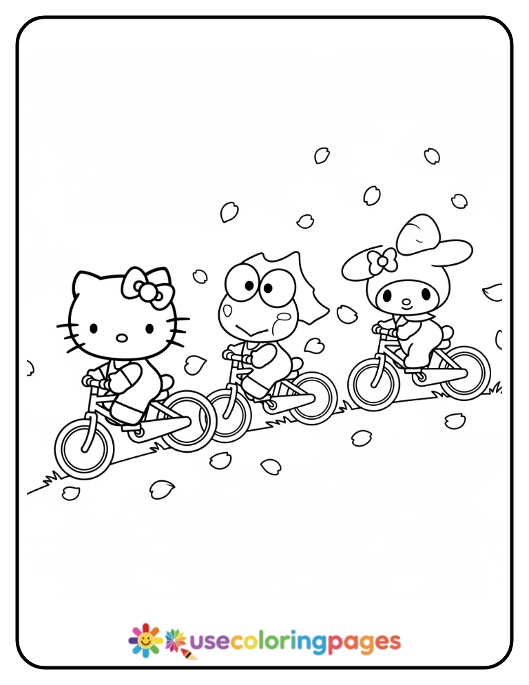 Hello Kitty And Friends Riding Bicycles Coloring Page