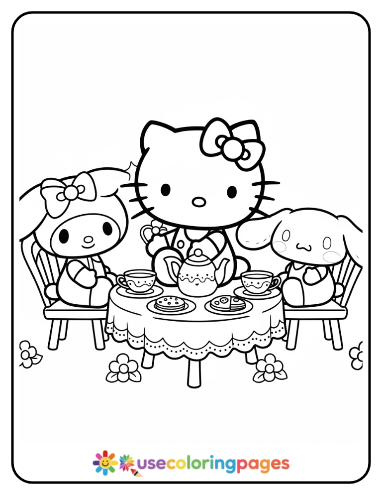 Hello Kitty hosting a tea party with My Melody and Cinnamoroll