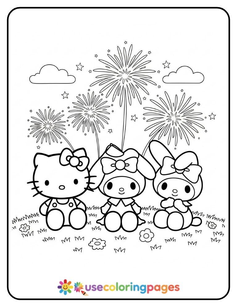 Hello Kitty And Friends Watching Fireworks Coloring Page