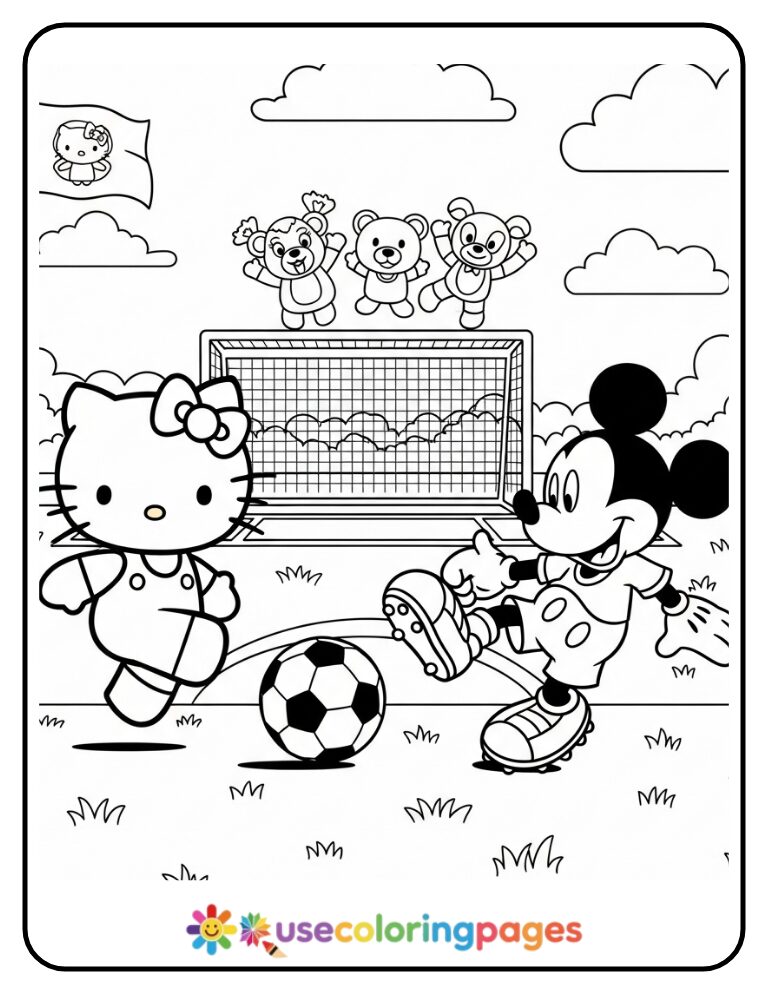 Hello Kitty And Mickey Mouse Playing Soccer Coloring Page
