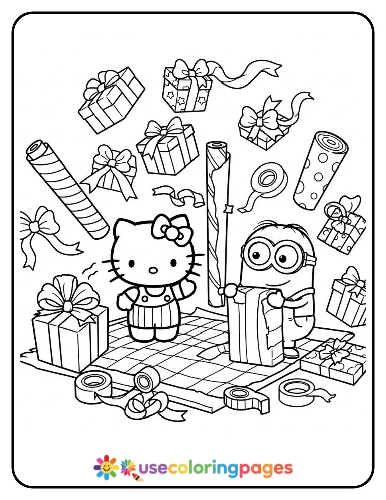 Hello Kitty And Minions Wrapping Gifts Coloring Page