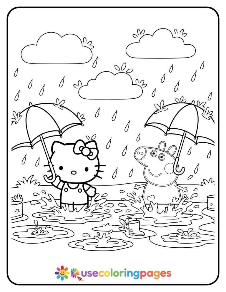 Hello Kitty And Peppa Pig Jumping In Puddles Coloring Page