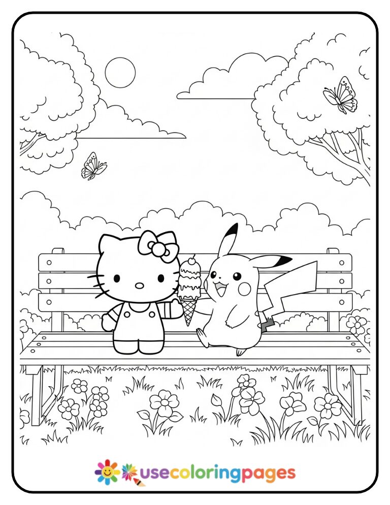Hello Kitty And Pikachu Sharing Ice Cream Coloring Page