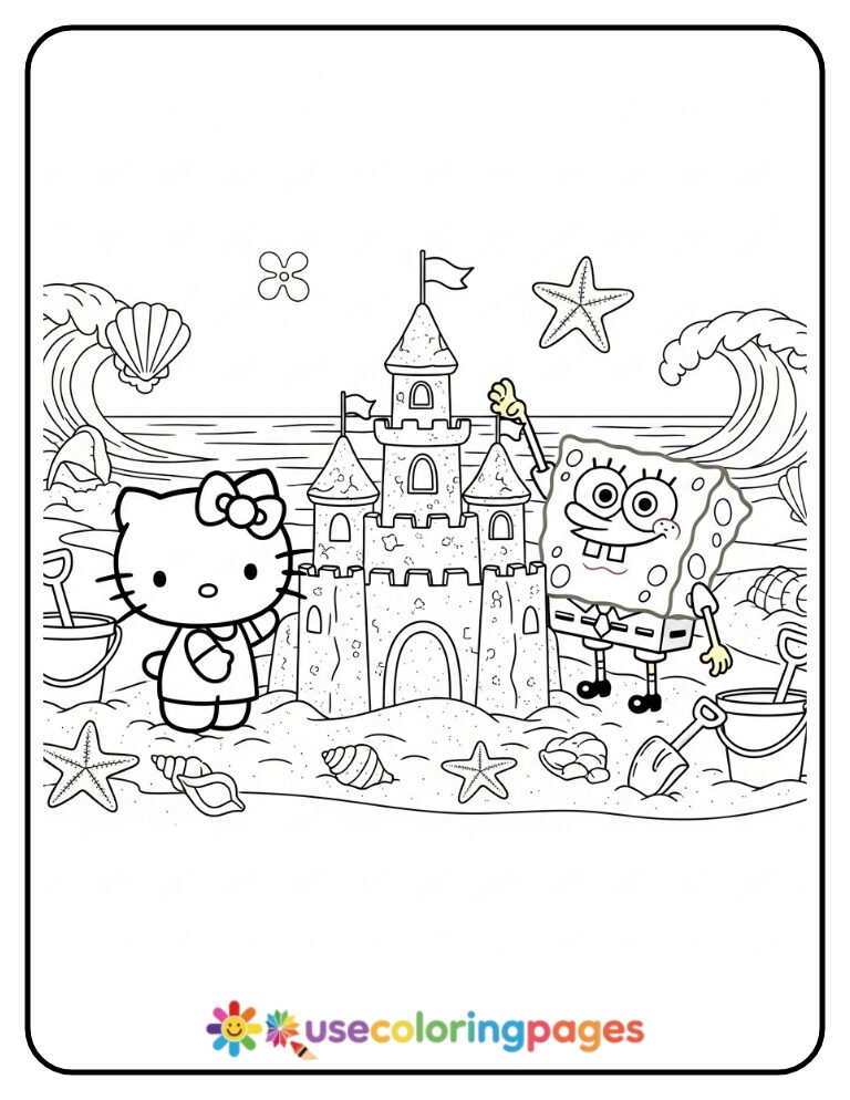 Hello Kitty And SpongeBob Building Sandcastles Coloring Page
