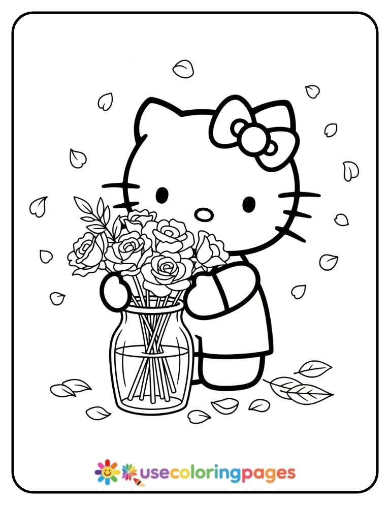Hello Kitty Arranging Flowers Coloring Page
