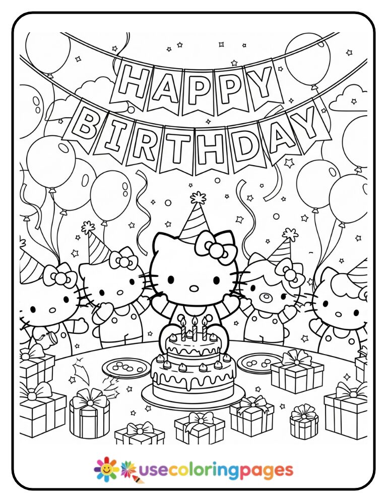 Hello Kitty At Birthday Party Coloring Page