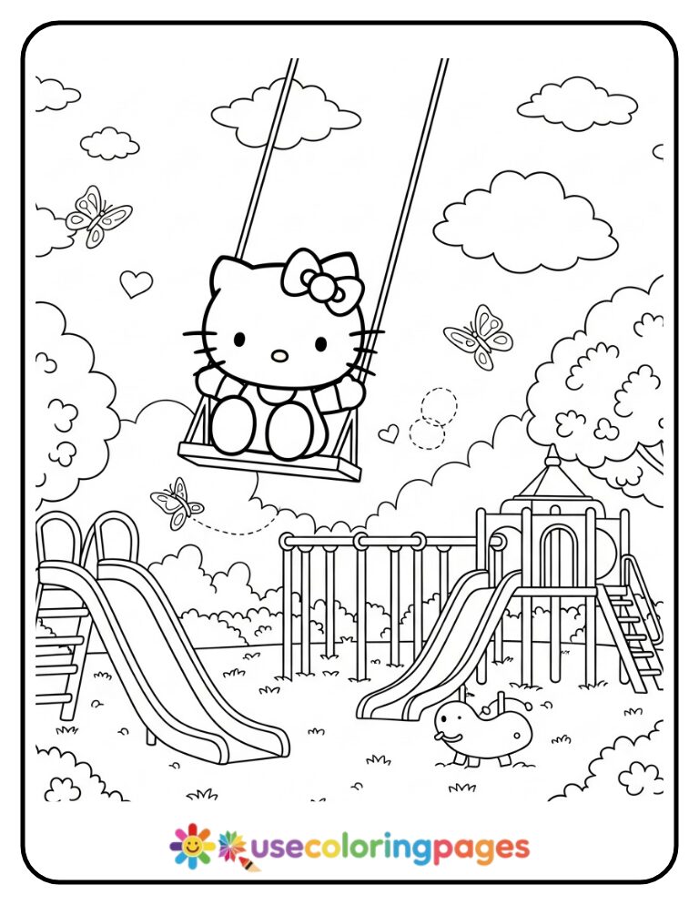 Hello Kitty At Playground Swing Coloring Page