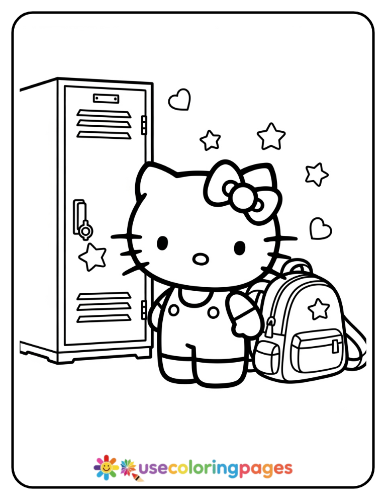 Hello Kitty At School Locker Coloring Page