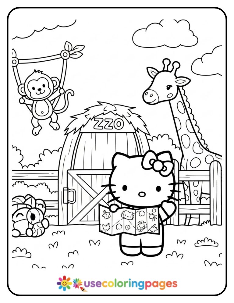 Hello Kitty At Zoo With Animal Friends Coloring Page