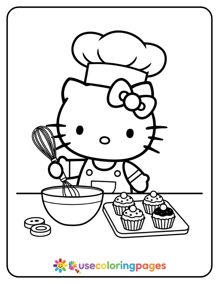 Hello Kitty Baking Cupcakes Coloring Page For Kids