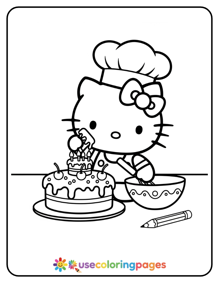 Hello Kitty Birthday Cake Decorating Coloring Page