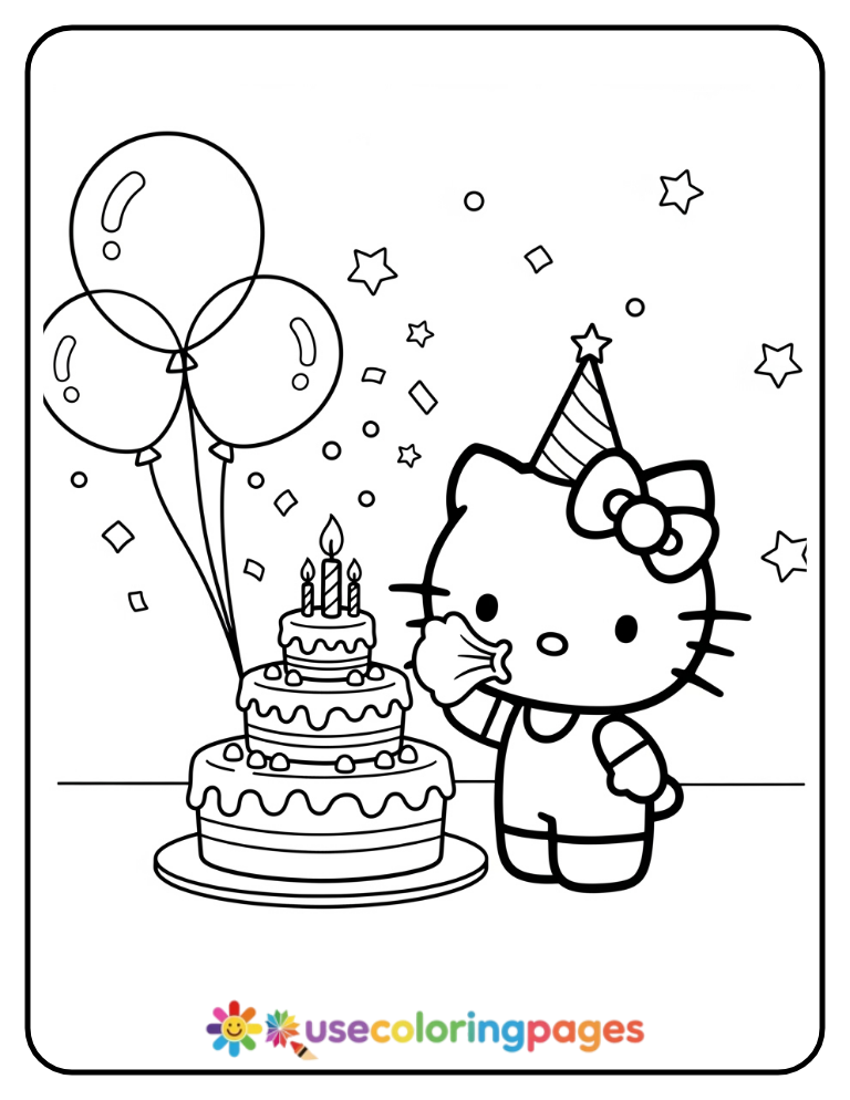 Hello Kitty Blowing Birthday Candles Coloring Page For Kids